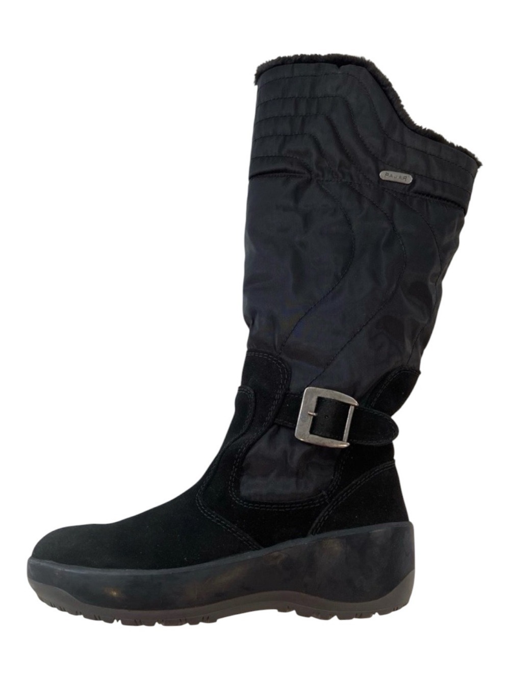 Pajar long black Winter boots faux fur size 38 made in Romania buckle slip in